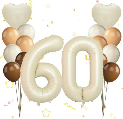 Dalettu Luftballon 60. Geburtstag Frauen Deko, Ballons Cremeweiß Zahl 60 Luftballon, Happy Birthday Ballons Aprikose Braun Nummer 60 Herz Folienballon für Männer Frauen 60. Geburtstag Party Deko von Dalettu