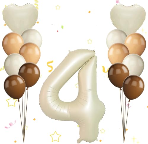 Dalettu Luftballon 4. Geburtstag Mädchen Deko, Ballons Cremeweiß Zahl 4 Luftballon, Happy Birthday Ballons Aprikose Braun Nummer 4 Herz Folienballon für Mädchen Kinder 4. Geburtstag Party Deko von Dalettu