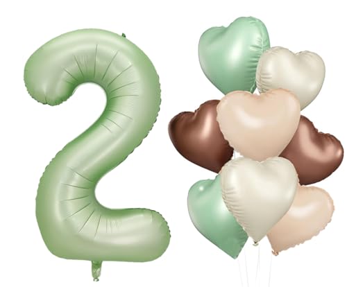 Dalettu Luftballon 2. Geburtstag Mädchen Deko, 8 Stück Olivgrün Beige Braune Aprikosen Herz, Ballons Olivgrün Zahl 2 Luftballon, Folienballon Nummer für Mädchen Kinder 2. Geburtstag Party Deko von Dalettu