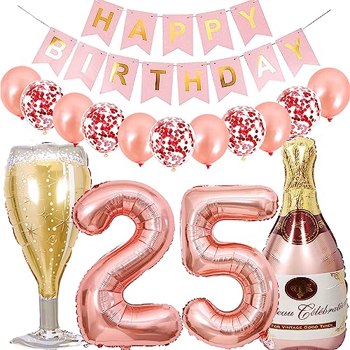 Dalettu Luftballon 25. Geburtstag Deko Frau, Folienballon Weinflasche Sektflasche Rose Gold Helium Ballon Deko, Geburtstagsdeko 25 Jahre Frauen, Happy Birthday Banner für 25 Jahr Geburtstag Party Deko von Dalettu