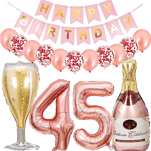 Dalettu Luftballon 45. Geburtstag Deko Frau, Folienballon Weinflasche Sektflasche Rose Gold Helium Ballon Deko, Geburtstagsdeko 45 Jahre Frauen, Happy Birthday Banner für 45 Jahr Geburtstag Party Deko von Dalettu