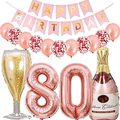 Dalettu Luftballon 80. Geburtstag Deko Frau, Folienballon Weinflasche Sektflasche Rose Gold Helium Ballon Deko, Geburtstagsdeko 80 Jahre Frauen, Happy Birthday Banner für 80 Jahr Geburtstag Party Deko von Dalettu