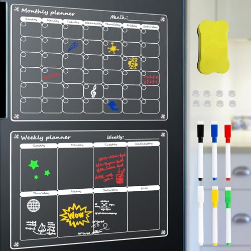 Magnetischer Kühlschrankplaner, Monats-/Wochenplaner für Kühlschrank, Acryl-Kalendertafel mit trockenem Radiergummi, 6 Markierungen für Menü, Mahlzeiten (Monatlicher Planer+Wöchentlicher Planer) von Daletu