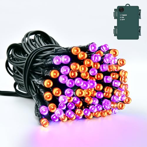 Dalugo Halloween Deko Outdoor, 5M 50LED Orange Lila Halloween Lichterkette mit Timer, IP65 Wasserdicht Lichterkette Batterie für Innen Außen Garten Party Herbst Halloween Dekoration von Dalugo