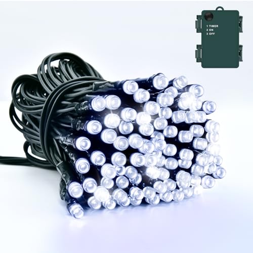 Dalugo Kaltweiß Lichterkette Außen Batterie Timer, 5M 50 LED Lichterkette Batterie Kabel grün mit 6h Timer, IP65 Wasserdicht Lichterkette Batterie Timer für Innen außen Weihnachtsdekorationen von Dalugo