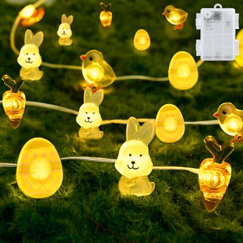 Dalugo Lichterkette Ostern Batterie Timer, 2M 20LED Hase Karotte Küken Ostereier Lichterkette mit 6h Timer, IP65 Wasserdicht Osterdeko Lichterkette Batterie Timer für Innen Außen Oster Deko von Dalugo