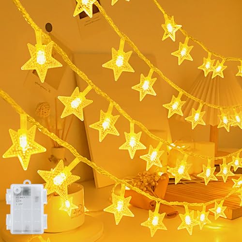 Dalugo Lichterkette Sterne, 6M 40 LED Warmweiß Lichterkette Batterie mit 6h Timer, IP65 Wasserdicht Lichterkette Weihnachten für Kinderzimmer Schlafzimmer Hochzeit Party Garten Innen außen Deko von Dalugo