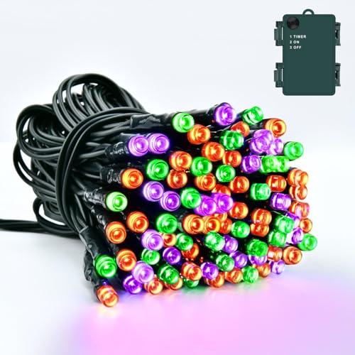 Dalugo Orange Lila Grün Halloween Lichterkette, 5M 50LED Outdoor Halloween Deko Lichterkette mit Timer, IP65 Wasserdicht Lichterkette Batterie für Innen Außen Garten Herbst Halloween Party Dekoration von Dalugo