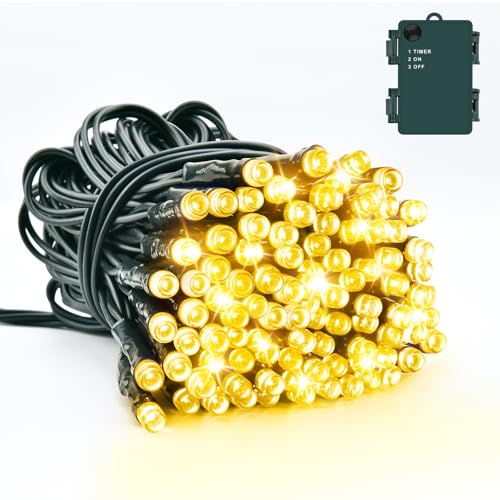 Dalugo Warmweiß Lichterkette, 5M 50 LED Kabel grün mit 6h Timer, IP65 Wasserdicht Batterie für Innen außen Weihnachtsdekorationen von Dalugo