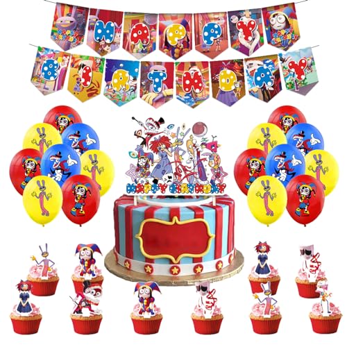 Damoff Amazing Digital Circus Geburtstag Deko Paket: Banner, Kuchen Topper, Luftballons in rot, blau, gelb von Damoff