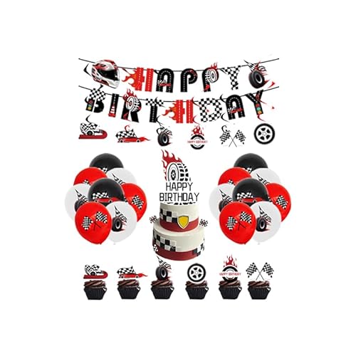 Damoff Rennwagen Geburtstag Deko: 18pcs Racing Car Luftballons, 6pcs Race Car Spiraldekorationen, 25pcs Rennautos Kuchen Deko, 1pcs Rennwagen Girlande Geburtstag, Rot von Damoff