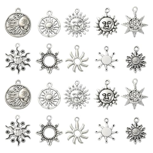 DanLingJewelry 100 Stück 10 Stile Antik Silber Sonne Charms Vintage Sonnenschein Charms Himmlische Sonne Charms für Schmuck Armband Herstellung von DanLingJewelry