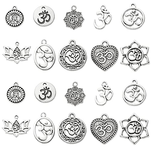 DanLingJewelry 100 Stück 10 Stile Antik Silber Yoga OM Lotus Blume Charms Vintage Yoga Charms für Schmuckherstellung Handwerk von DanLingJewelry