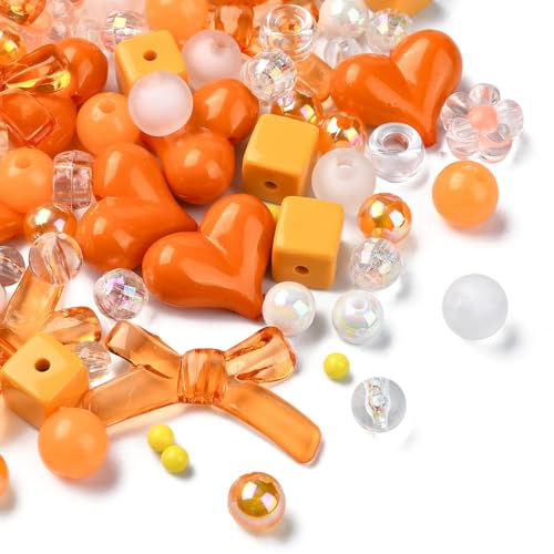 DanLingJewelry 100 Stück Orange Serie Acrylperlen Kit Acryl Orange sortiert Perlen Kunststoff Schleife Herz Runde Perlen Bulk für Schmuckherstellung DIY Handwerk von DanLingJewelry