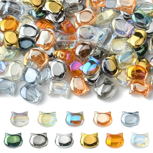 DanLingJewelry 100 Stück galvanisierte Glas-Katzenkopf-Perlen, bunte Glas-Katzen-Perlen, lose Perlen, Tier-Kätzchen-Glas-Kristallperlen für DIY-Schmuck, Basteln von DanLingJewelry