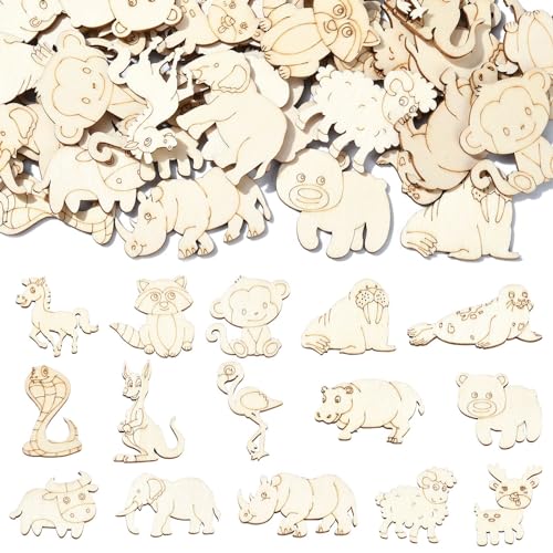 DanLingJewelry 100 Stück unlackierte Holzfiguren Waldtierausschnitte Wildtierausschnitte Schlange Elefant Fuchs Holz Ornamente für DIY Handwerk Projekte von DanLingJewelry