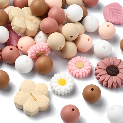 DanLingJewelry 100 Stück zufällige Gänseblümchen-Silikonperlen, bunt, rund, Kirschblüten, Blatt, lose Gummiperlen für DIY, Handwerk, Schmuck, Halsketten, Armbänder, Schlüsselanhänger von DanLingJewelry