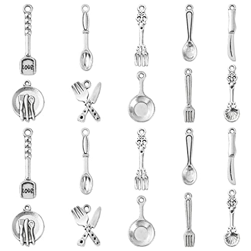 DanLingJewelry 100 Stück zufällige Küchen-Geschirr-Anhänger, Backen, Kochenmesser, Gabel, Löffel, Teller, Pfanne, Geschirr, Charms für die Schmuckherstellung von DanLingJewelry