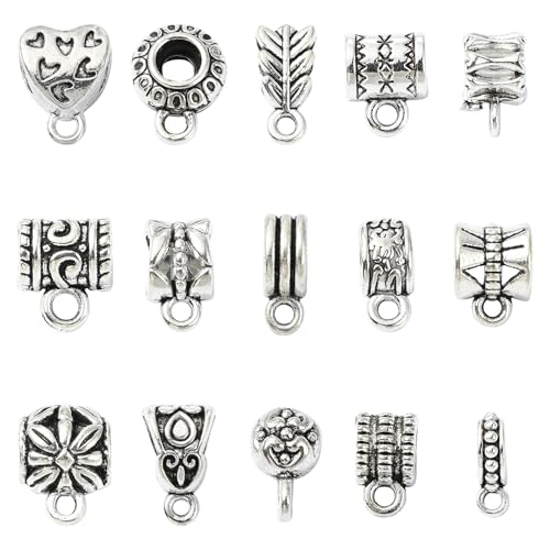 DanLingJewelry 150 Stück 15 Stile, Antik-Silber-Bail-Perlenverbinder, tibetische Bügelperlen, Charms, Säulenrohraufhänger, Verbindungsglieder für europäische Schmuckherstellung von DanLingJewelry