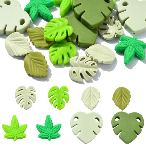 DanLingJewelry 16 x grüne Blatt-Silikonperlen, Monstera-Ahornblatt-förmige Perlen, Sommerpflanzen-Fokal-Perlen für Halsketten, Schmuckherstellung von DanLingJewelry