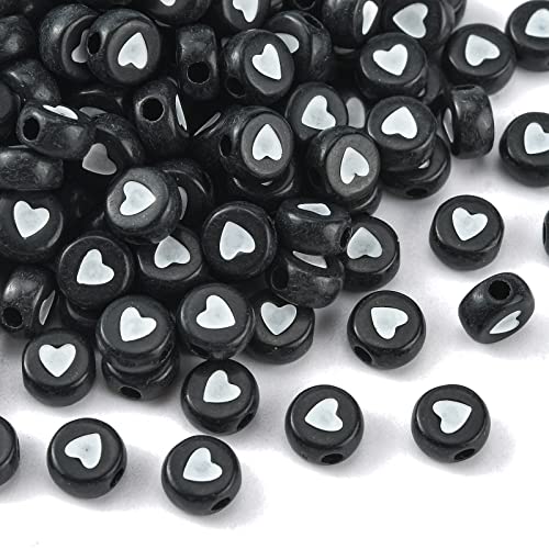 DanLingJewelry 200 Stück schwarze Acryl-Perlen in Herzform, flache runde Perlen mit Herz, Mini-Disc, Münz-Pony-Perlen für DIY-Schmuckherstellung von DanLingJewelry