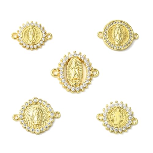 DanLingJewelry 5 Stück flache runde Jungfrau Maria-Charms, Messing, Mikro-Pavé-Fassung, klare Zirkonia-Glieder, Verbindungsanhänger, Religions-Anhänger für Schmuckherstellung, Nicht-Edelmetall von DanLingJewelry