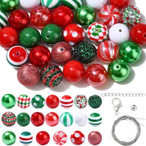 DanLingJewelry 50 Stück 20 mm große Weihnachts-Bubblegum-Perlen, rot-grün, klobige Perlen, Acryl, Kaugummi-Perlen, lose Perlen für Schmuck, DIY, Basteln von DanLingJewelry