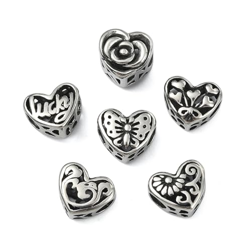 DanLingJewelry 6 Stück zufällige Antik Silber Liebe Herz Europäische Perlen Großes Loch Edelstahl Herz Abstandshalter Perlen für Schmuckherstellung DIY von DanLingJewelry