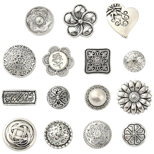 DanLingJewelry 60 Stück gemischte tibetische Metalllegierungs-Schaftknöpfe Anique Silber graviert Blume dekorative runde Knöpfe für Handwerk Schmuck Nähen DIY Herstellung von DanLingJewelry