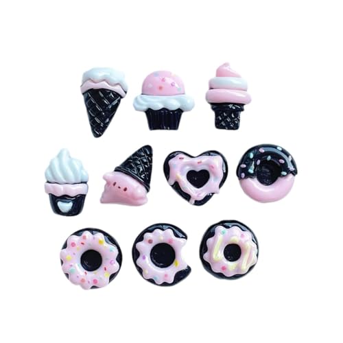 DanLingJewelry 90 Stück 9 Stile Harz Lebensmittel Cabochons Schwarz & Rosa Eiscreme Donut Dessert Flatback Kein Loch Perlen für DIY Handwerk Scrapbooking von DanLingJewelry