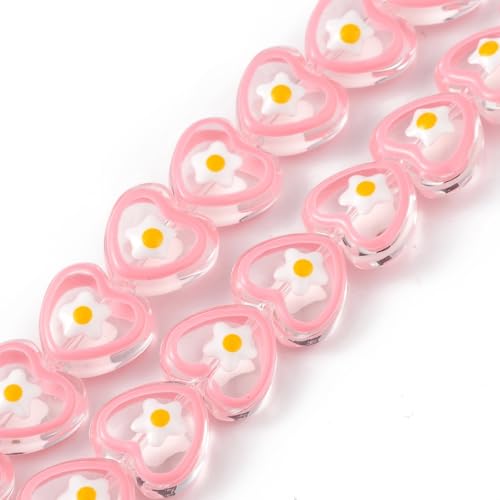 DanLingJewelry 90 Stück rosa Bumpy Lampwork Herz Perlen Transparent Bumpy Emaille Glas Sweet Heart mit Blumen Perlen für Schmuckherstellung von DanLingJewelry