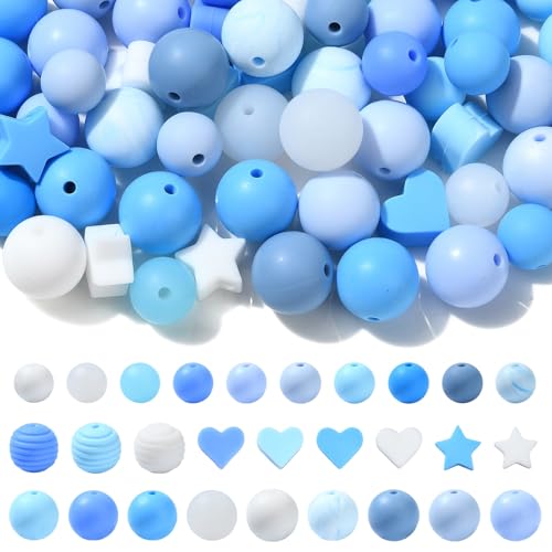 DanLingJewelry Blaue Silikonperlen, rund, Herz, Stern, lose Gummi-Silikonperlen für DIY-Schmuckherstellung, 100 Stück von DanLingJewelry