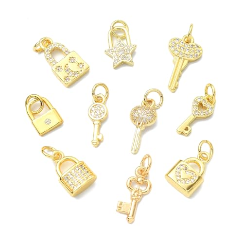 DanLingJewelry Schlüsselschloss-Charms, Messing, Mikro-Pavé-Fassung, Zirkonia, Skelettschlüssel mit Schloss, für Schmuckherstellung, 10 Stück, Nicht-Edelmetall von DanLingJewelry