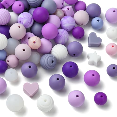 DanLingJewelry Violette Silikonperlen, rund, Herz, Stern, lose Gummi-Silikonperlen, Großpackung für Perlenschmuck, 100 Stück von DanLingJewelry