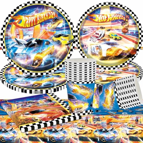 51Pcs Rennwagen Partygeschirr Set, Rennwagen Geburtstag Dekoration, Rennauto Geburtstag Geschirr Kit, Tischdecke Teller Tassen Servietten, für Party Supplies 10 Gäste von Danbghyuo