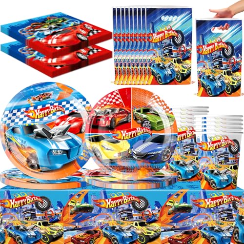 61Pcs Hot Partygeschirr Set, Rennwagen Geburtstag Dekoration, Rennauto Geburtstag Geschirr Kit, Tischdecke Teller Tassen Servietten, für Party Supplies von Danbghyuo