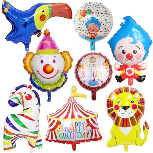 8 Stücke Zirkus Tiere Folienballon, Clown Ballon Deko, XXL Aluminium Folie Zebra ballon, Zirkus Löwe Luftballons, Zirkuszelt Riesenballon zum Karneval Urlaub Geburtstag Thematische Party Deko von Danbghyuo