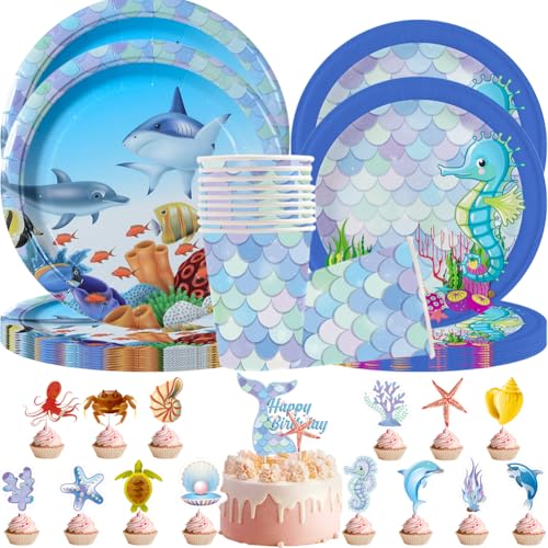 Ozean Party Geschirr Set, 45 Stück Under The Sea Party Supplies – Unterwasser-Partyteller mit Meerestiermotiv, Becher - Geburtstagsdekoration - Partygeschenke von Danbghyuo