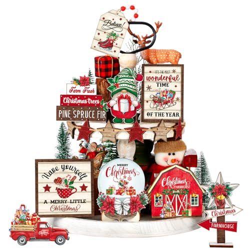 Weihnachten Tiered Tray Decor Winter Tiered Tray Dekorationen Set Schneemann Schneeflocke Zwerg LKW Weihnachtsbaum Holzschilder Bauernhaus Weihnachten Tischdekorationen für Zuhause Tischregal Zwerg von Dandat