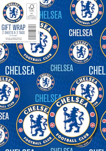 DANILO PROMOTIONS LIMITED Chelsea FC Geschenkpapier, 2 Bögen, 2 Etiketten, Chelsea-Fußball-Geschenkpapier von Danilo Promotions LTD