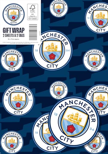 DANILO PROMOTIONS LIMITED Manchester City FC Geschenkpapier, 2 Bögen, 2 Etiketten, Manchester City Fußball Geschenkpapier von Danilo Promotions LTD