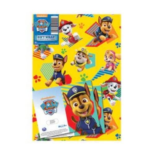 Paw Patrol Geschenkpapier, 4 Blatt, 4 Etiketten, Blattgröße: 70 x 50 cm, offizielles Produkt, verantwortungsvoll bezogen von Danilo Promotions LTD