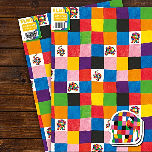 Geschenkpapier zum Geburtstag, 6 Blatt, 6 Anhänger, Elmer The Patchwork, Elefantenblatt, Größe 70 x 50 cm, offizielles Produkt, verantwortungsvoll bezogen von Danilo Promotions LTD