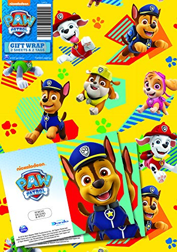 Paw Patrol Offizielles Geschenkpapier, 2 Bögen, 2 Etiketten, Geschenkpapier für Geschenke, Climate Pledge Friendly, offiziell lizenzierte Geschenkpapier von Danilo