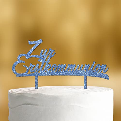 Cake Topper Zur Erstkommunion [zweizeilig] - Acryl blau Glitzer - Tortendeko Kommunion deko Mädchen deko Kommunion Junge Party deko Kommunion Junge Tortenaufleger Kommunion von Dankeskarte.com