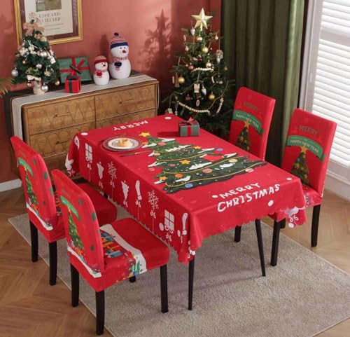 Weihnachtstischdecke, Bedruckte Weihnachten Tischdecke und Stuhlhusse, Cartoon Häuser Elch Xmas Tablecloth, Abwaschbar Weihnachts Tischdecke Weihnachts Tischdeko (Style 1, 140 x 180 cm) von Danwinty