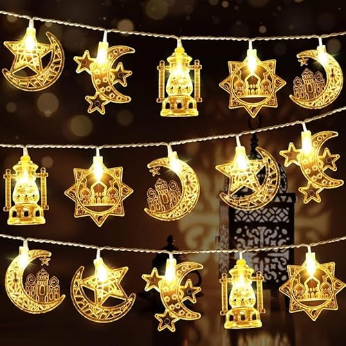 Daover Led Muslim Ramadan Lichterkette, 20 Led Ramadan Deko Lichterkette 3m, Eid Mubarak Dekoration, Stern Mond Lichter, für Ramada Eid Party Home Garten Innen Außen-Kunststoff von Daover