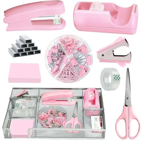 Büro-Schreibtischzubehör, Schreibtisch-Schubladenorganizer, Hefter und Klebebandspender-Set, Klebebandspender, Heftklammern, Clips, Schere und Haftnotizen, Geschenke für Frauen, Büroangestellte, Rosa von Daphilly