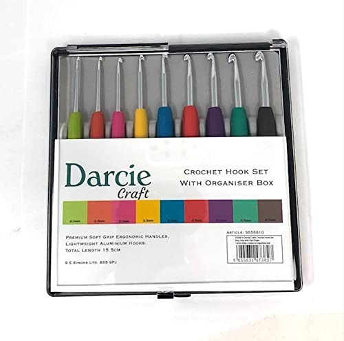 Darcie Crafts SS56810 Häkelnadel-Set, einfacher Griff mit flachem Finger, 14 cm x Größen 2-6 mm, in Organizerbox von Darcie