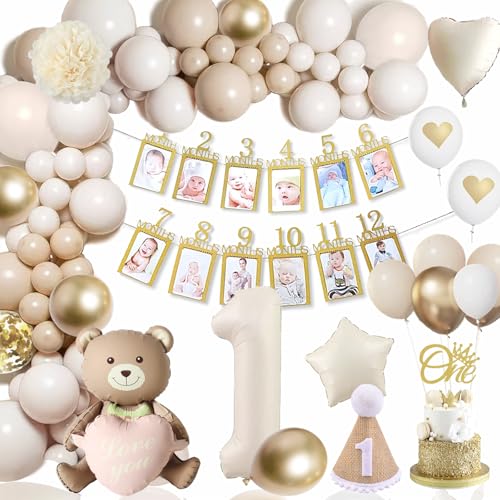 1. Geburtstag Mädchen Junge, Kindergeburtstag Deko 1 Jahr, Deko 1. Geburtstag mit Luftballons Beige Gold,1 geburtstag Mädchen Junge mit Bär Folienballon, Girlande Geburtstag für 1 bis 12 Monate Baby von Dargds